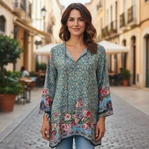 Johnny Was XS Blouse Vibrant Floral Cotton Embroidered Swing L/S Tunic Shirt
